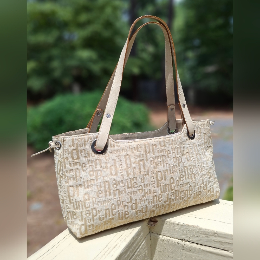 Prune Logo Print Soft Cream/Tan Canvas & Tan Leather Trim Shoulder Bag - Picture 15 of 15